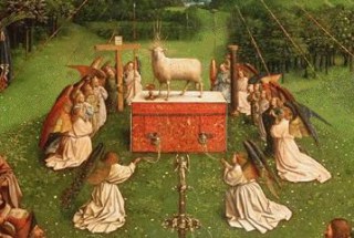 "Adoration of the Lamb from the Ghent Altarpiece," Jan van Eyck, oil on panel, 1432. Photo courtesy of Wikicommons.