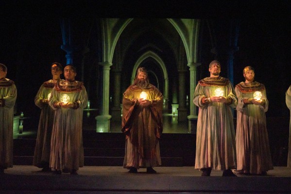 Sarastro (John Gladen, center) and priests in “The Magic Flute” at Portland State Opera, April 21 - 30. Photo by Chad Lanning.