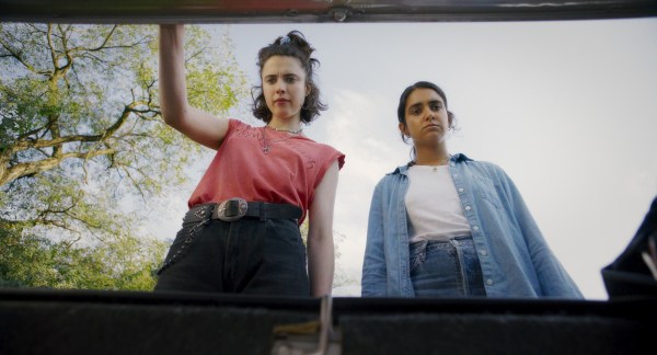 Margaret Qualley as Jamie and Geraldine Viswanathan as Maria" in director Ethan Coen's "Drive-Away Dolls"