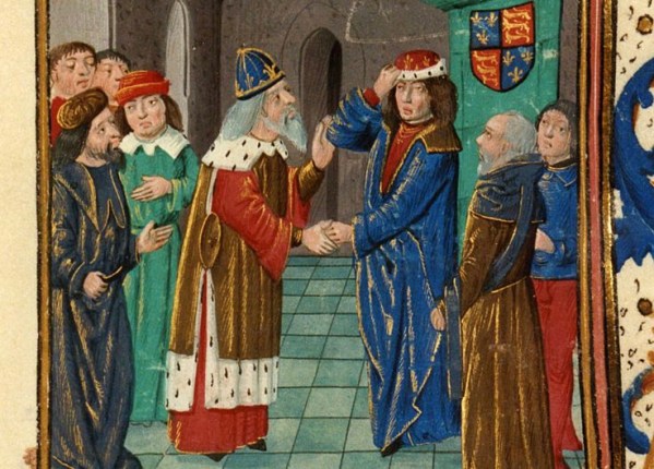 The meeting of Manuel II Palaiologos Emperor of the Romans and King Henry IV of England. Saint Alban’s Chronicle, MS6, Lambeth Palace Library, f240 recto. From the cover of Cappella Romana's new album "A Byzantine Emperor at King Henry’s Court: Christmas 1400, London."