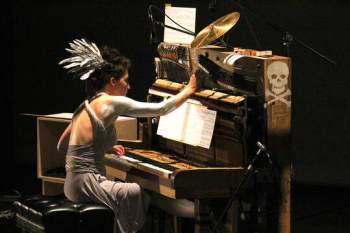 Jennifer Wright and skeleton piano.