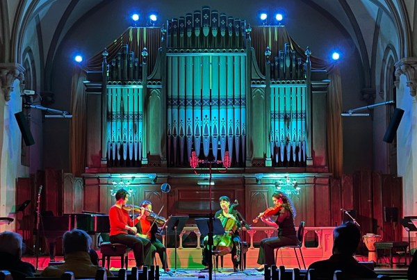 L to R: Inés Voglar Belgique, Keiko Araki, Nancy Ives, and Amanda Grimm, performing at The Old Church for Fear No Music's "The After Party: four post-soviet portraits" concert. Photo by Monica Ohuchi.