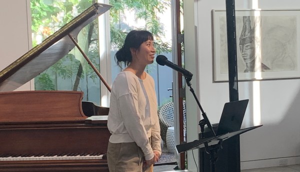 Ling Ling Huang at Bowstring Truss House for Third Angle New Music's Listening Lab. Photo by Carissa Burkett.