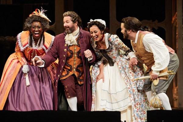 Tesia Kwarteng as Marcellina, Matthew Burns as Bartolo, Leela Subramaniam as Susanna, and Jesús Vincente Murillo in Portland Opera's production of "The Marriage of Figaro." Photo by Philip Newton.