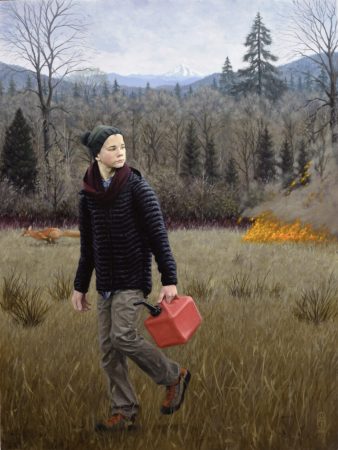 “Indifference,” by Aron Johnston (oil on linen panel, 48 by 36 inches, 2018), was inspired by the 2017 fire set by teens that burned 50,000 acres in the Columbia River Gorge.