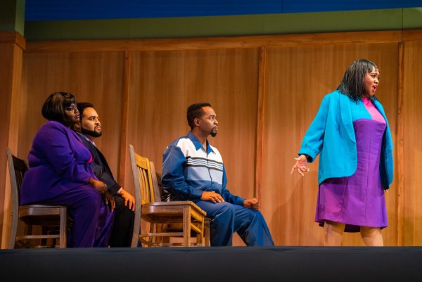 Ibidunni Ojikutu as Antron's Mother, Elliott Paige as Antron's Father, Jazmine Olwalia as Sharonne Salaam and Babatunde Akinboboye as Raymond's Father in Portland Opera's production of The Central Park Five. Photos by Christine Dong/Portland Opera.