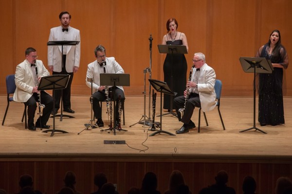 Singers Zachary Lenox, Hannah Penn, and Vanessa Isiguen, and basset horn players Todd Kuhn, James Shields, and Richard Hawkins perform Mozart at CMNW. Photo by Tom Emerson.