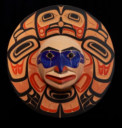 "Legend Adaox," by David Boxley (Tsimshian, b. 1952), 1988. Ash, alder, paint; 26.5 by 25 by 6 inches. Collection of George and Colleen Hoyt