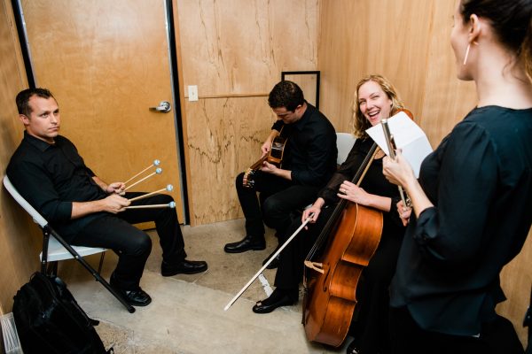 Mario Díaz, Sarah Tiedemann, Valdine Mishkin, and Chris Whyte backstage duringThird Angle's "Homecomings" concert at New Expressive Works, October 2017. Photo by Kenton Waltz.