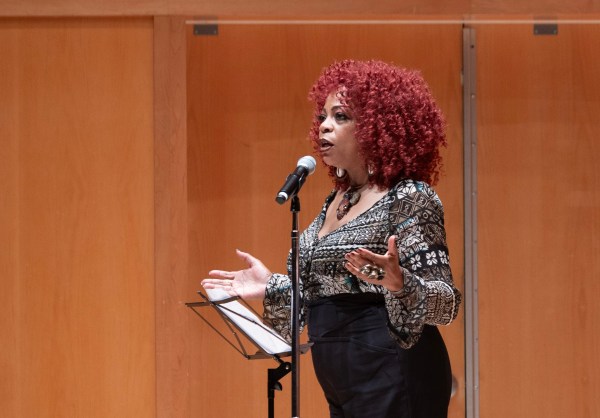 S. Renee Mitchell recited poetry at Kaul Auditorium for CMNW 2023. Photo by Tom Emerson.