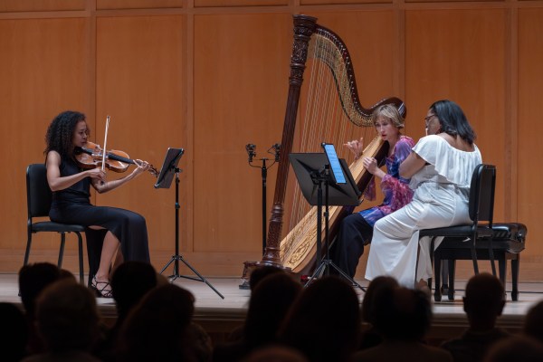 Performer-composer trio umama womama (L to R: Nokuthula Ngwenyama, Han Lash, Valerie Coleman) at Kaul Auditorium for CMNW 2023. Photo by Tom Emerson.