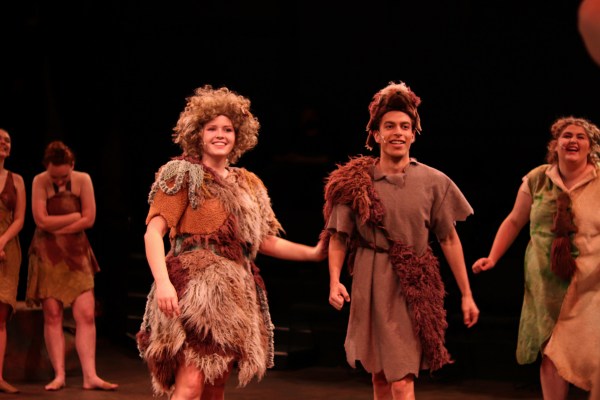 Hannah Barlow and Robert Turner are among the cast in Linfield University Theatre's production of “Firebringer,” a stone-age musical playing this weekend on the McMinnville campus. Photo by Sam Brinda, courtesy Linfield University