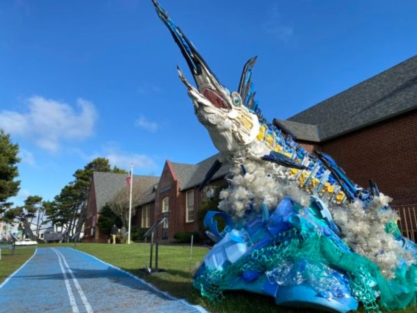 Flash the Blue Marlin erupts from a spume of plastic garbage in front of the Lincoln City Cultural Center. Flash is part of the “Washed Ashore: Art to Save the Sea” exhibit at the center through March 13. Photo courtesy: Lincoln City Cultural Center
