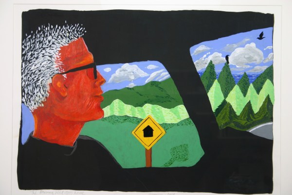Painting of man with white hair with glasses in a black silhouette of a car indicating driver's seat. Green hills and trees out the window with sign post with home