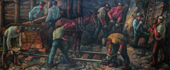 Jacob Elshin (born St. Petersburg, Russia, 1892; died Seattle, 1976), “Miners at Work,” (1937-38, oil on canvas, 5 by 12 feet), collection of the City of Renton, Washington, courtesy of U.S. Postal Service. ©2019 USPS. Photo courtesy: Hallie Ford Museum of Art