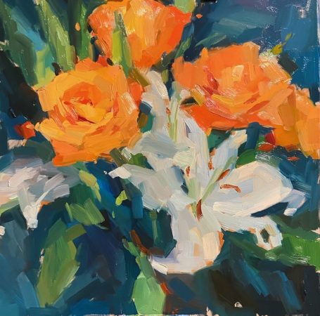 “Salmon Roses and Lilies” by Katia Kyte (oil, 12 by 12 inches)
