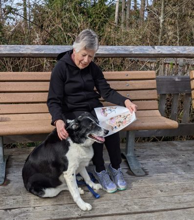 Marilyn Karr, here with her border collie Journey, plays two roles in “The Dog Logs”: Savoir Faire, a single-minded greyhound, and Maddie, a golden retriever, who finds life, especially boy dogs, strange. Photo courtesy: Riverbend Players