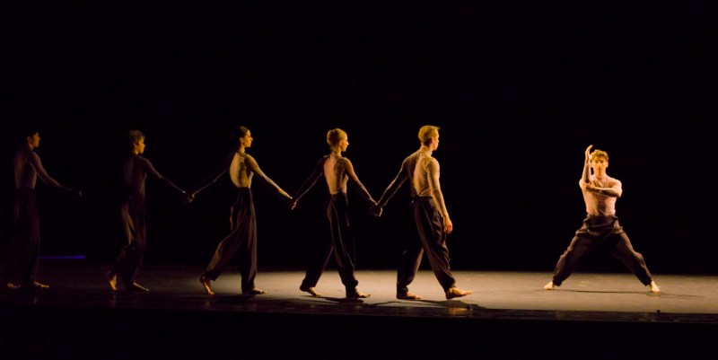 Benjamin Simoens, right, with OBT dancers in Yue Yin's "Just Above the Surface." Photo by Blaine Truitt Covert.