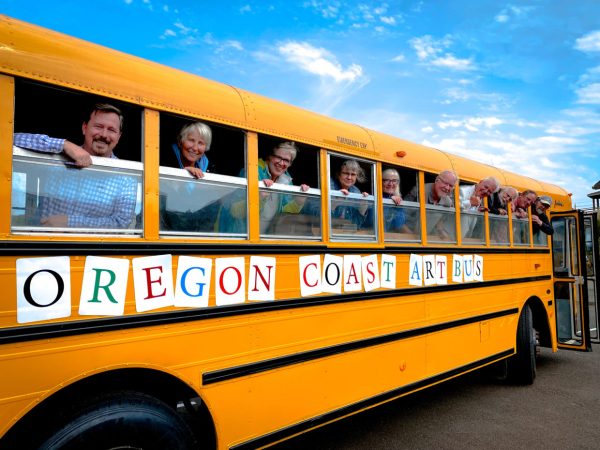 On the Arts Bus are (from left) Jason Holland, Executive Director of the Oregon Coast Council for the Arts; Cynthia Jacobi, Newport City Council member; Moe Snyder, instructor; Sara Siggelkow, OCCA Arts Education Manager; Cathey Briggs, OCCA board member; Dean Sawyer, Newport mayor; Rep. David Gomberg, D-Otis; Gary Lehman, volunteer; Tom Webb, Newport Visual Arts Center director; and Dietmar Goebel, Newport City Council member.