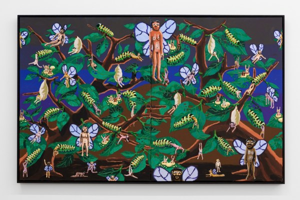 painting with caterpillars and humanoid figures on a multi-leaf branch