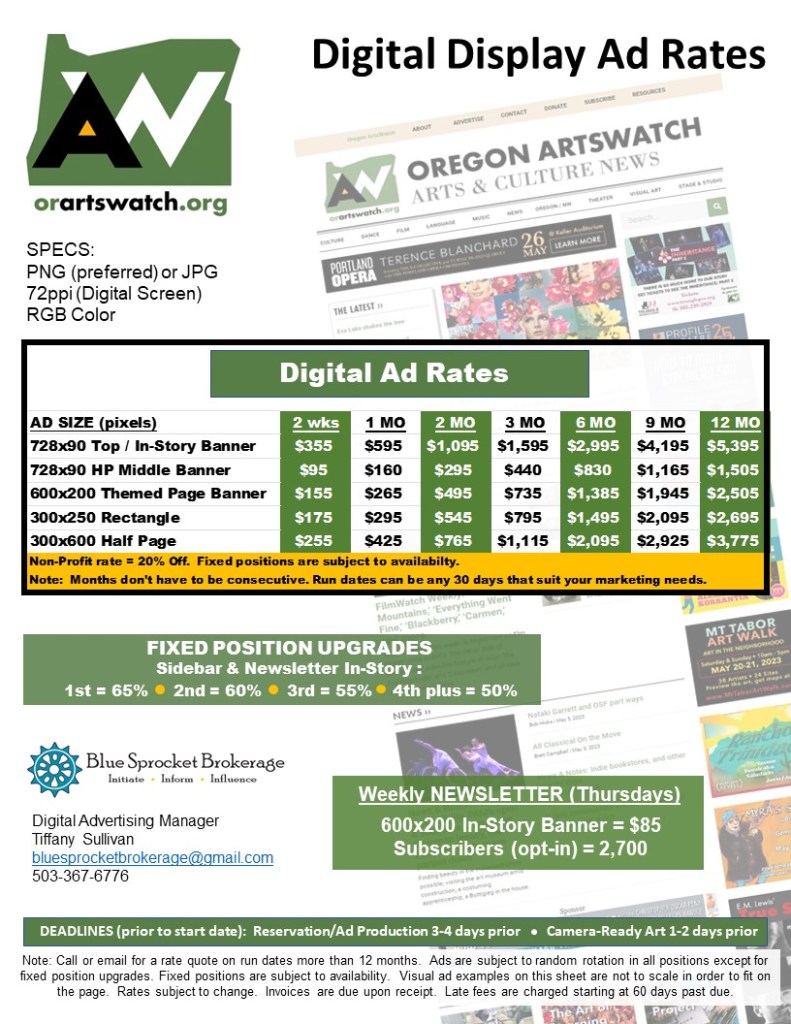 Oregon ArtsWatch Rate Sheet
