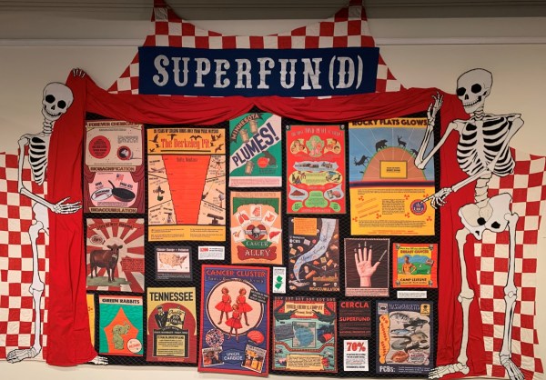 Montana artist Maggy Rozycki Hiltner's art quilt, "Superfun(d)" (machine and handmade quilt, 2021, 96 by 144 inches) pulls back the curtain on ecological damage. Photo by: David Bates