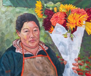 Tara Kemp's "The Flower Vendor" is included in the Art About Agriculture show in the Chehalem Cultural Center.