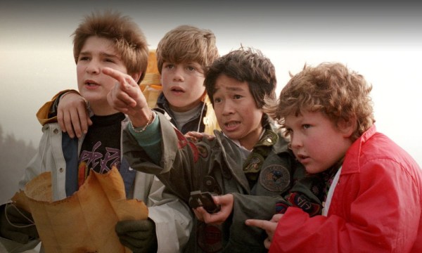 Corey Feldman (from left), Sean Astin,, Ke Huy Quan, and Jeff Cohen starred as the pirate-treasure-hunting heroes of “The Goonies,” filmed largely in Astoria and along the Oregon Coast.