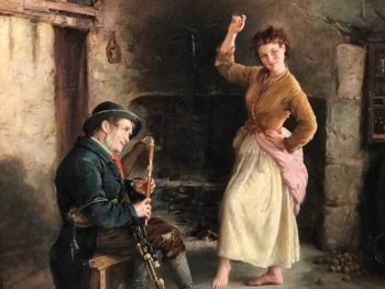 Detail from “The Irish Piper” by William Oliver Williams, 1874, oil on canvas, Ireland’s Great Hunger Museum, Quinnipiac University, Connecticut