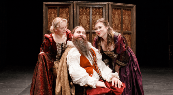 John Gladen (as Falstaff) with Taylor Hulett (as Alice Ford, left) and Ava Price (as Meg Page, right) in PSU Opera's production of 'The Merry Wives of Windsor.' Photo by So-Min Kang.