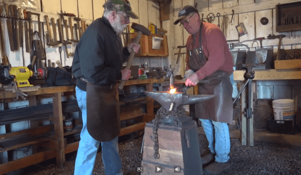 Blacksmiths Gary Johnson (left) and Dean Moxley, volunteer blacksmiths at the Yamhill Valley Heritage Center, will demonstrate their forge skills Saturday during the Metal Work Gift Show. Photo courtesy: ArtsAlive